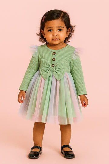 Pastel Mint Ribbed Knit Baby Girl Dress – Long Sleeve Bodice with Multicolor Tulle Dress