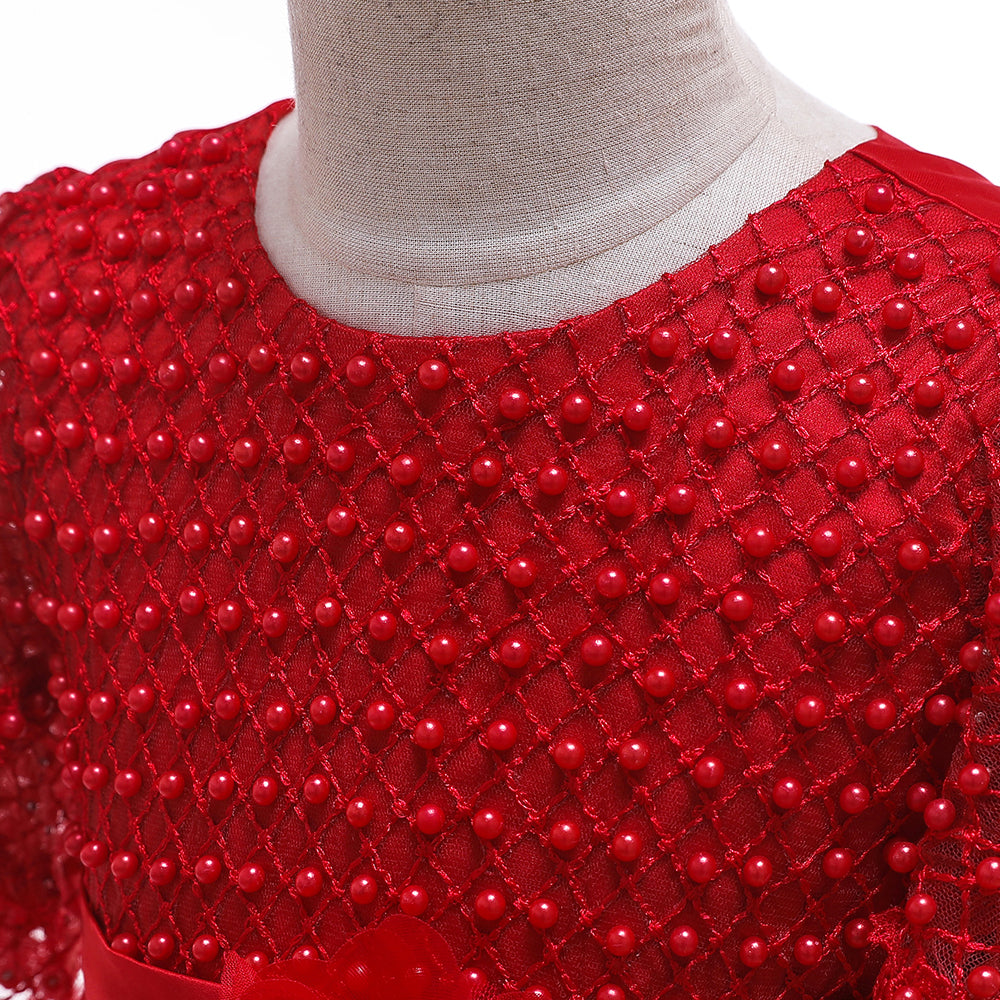 Gorgeous Red Party Dress for Girls with Net Sleeves, Floral Waist Detail & Sparkling Tulle Skirt - Inayah Fashion