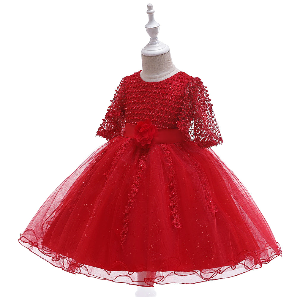 Gorgeous Red Party Dress for Girls with Net Sleeves, Floral Waist Detail & Sparkling Tulle Skirt - Inayah Fashion