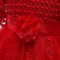 Gorgeous Red Party Dress for Girls with Net Sleeves, Floral Waist Detail & Sparkling Tulle Skirt - Inayah Fashion
