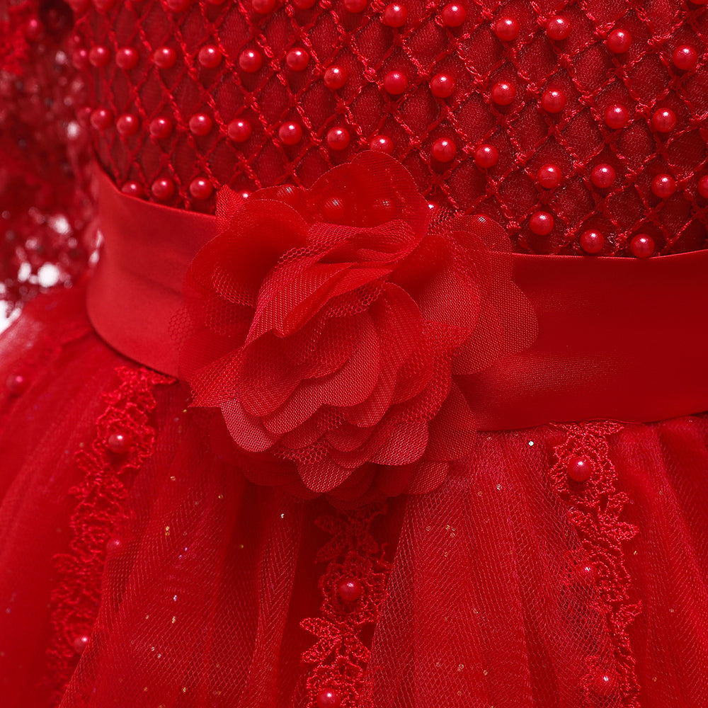 Gorgeous Red Party Dress for Girls with Net Sleeves, Floral Waist Detail & Sparkling Tulle Skirt - Inayah Fashion