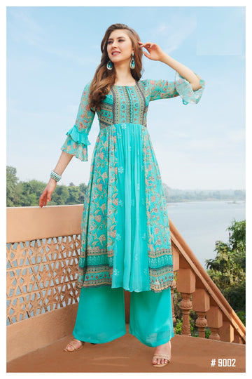 Elegant Aqua Blue Printed Anarkali Kurta Set with Palazzo | Flared Sleeves & Ethnic Floral Motifs