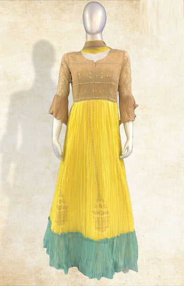 Yellow & Beige Embroidered Anarkali Kurta Set with Green Frill Hem | Crinkled Georgette Fabric | Party & Festive Wear for Women