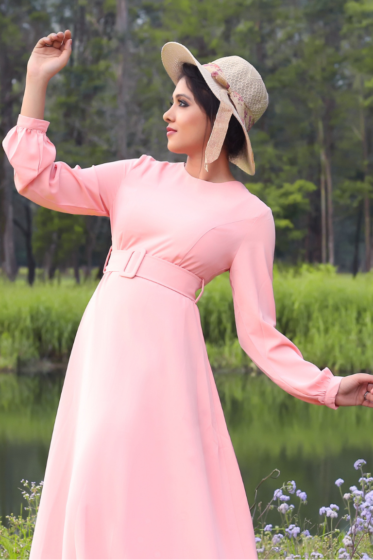 Blush pastel pink hue Serenity Belted Flare Dress - Inayah Fashion