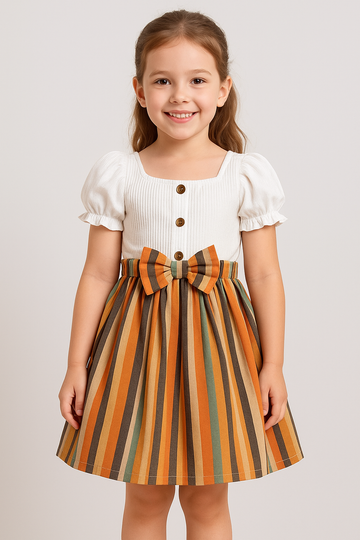 Girls’ Striped Skirt Dress with Puff Sleeves and Bow
