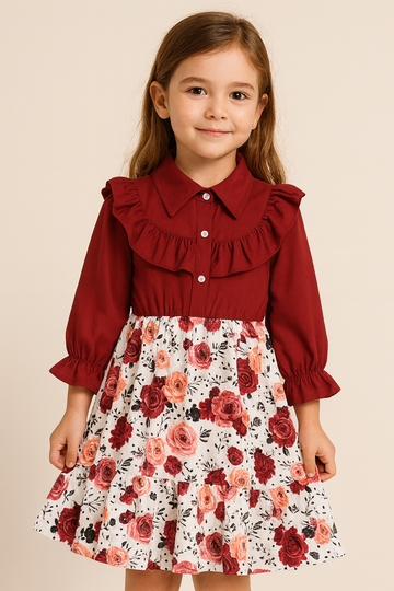 Chic Maroon & White Floral Baby Girl Dress – Full Sleeve Shirt Collar Frock with Button