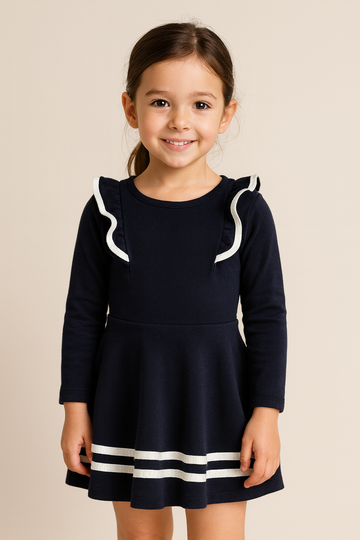 Navy Blue Cotton Long Sleeve Dress for Girls with White Stripe Detail and Ruffle Accents