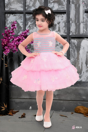 Blush Pink Layered Party Frock with Butterfly Embellishments