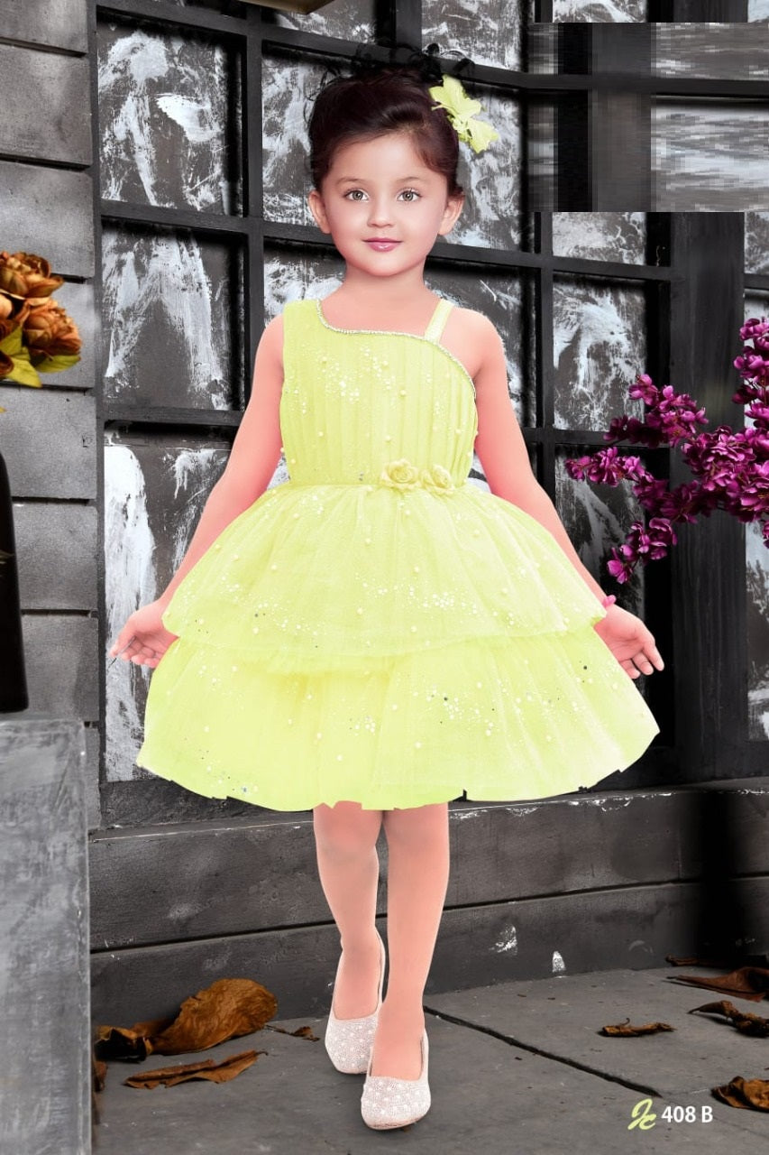 Lemon Yellow Pearl & Sequin Layered Party Frock for Girls - Inayah Fashion