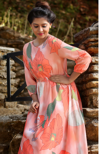 Coral Bloom Floral Maxi Dress – Elegant Full-Length Georgette Gown