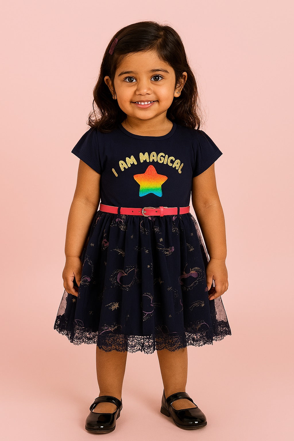 Girls Navy Blue Magical Star Tulle Dress with Belt – Casual Wear - Inayah Fashion