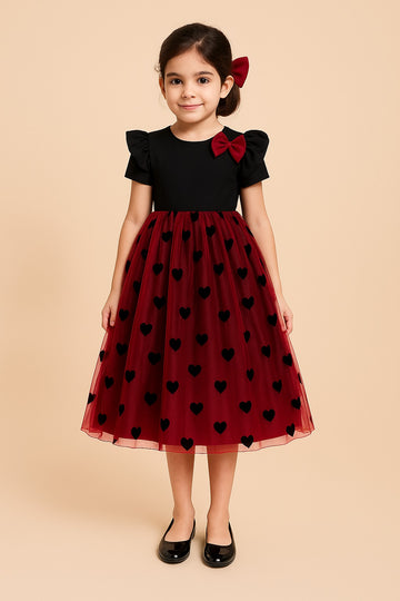 Adorable Black and Red Heart Mesh Dress for Girls