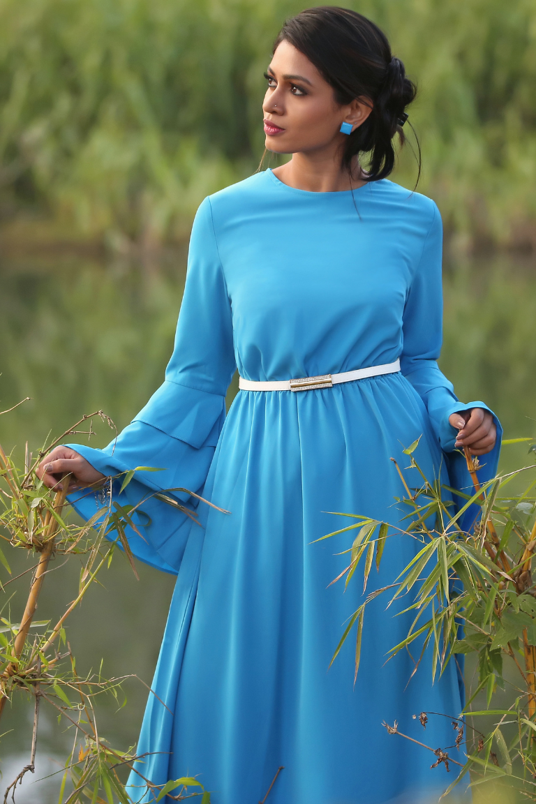 Royal Blue Full-Length Flared Gown with Dramatic Layered Bell Sleeves and Elegant Gold Buckle Belt - Inayah Fashion