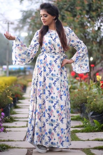 Elegant White Maxi Dress with Blue & Pink Floral Print, Waist Tie Belt and Flared Bell Sleeve