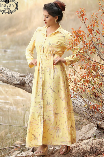 Sunlit Yellow Shirt-Style Maxi Dress with Subtle Leaf Print | Front Button Panel | Adjustable Waist Tie