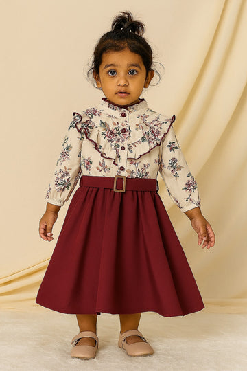Elegant Blossom Belted Dress with Floral Ruffle Top – Wine Red & Cream Combo