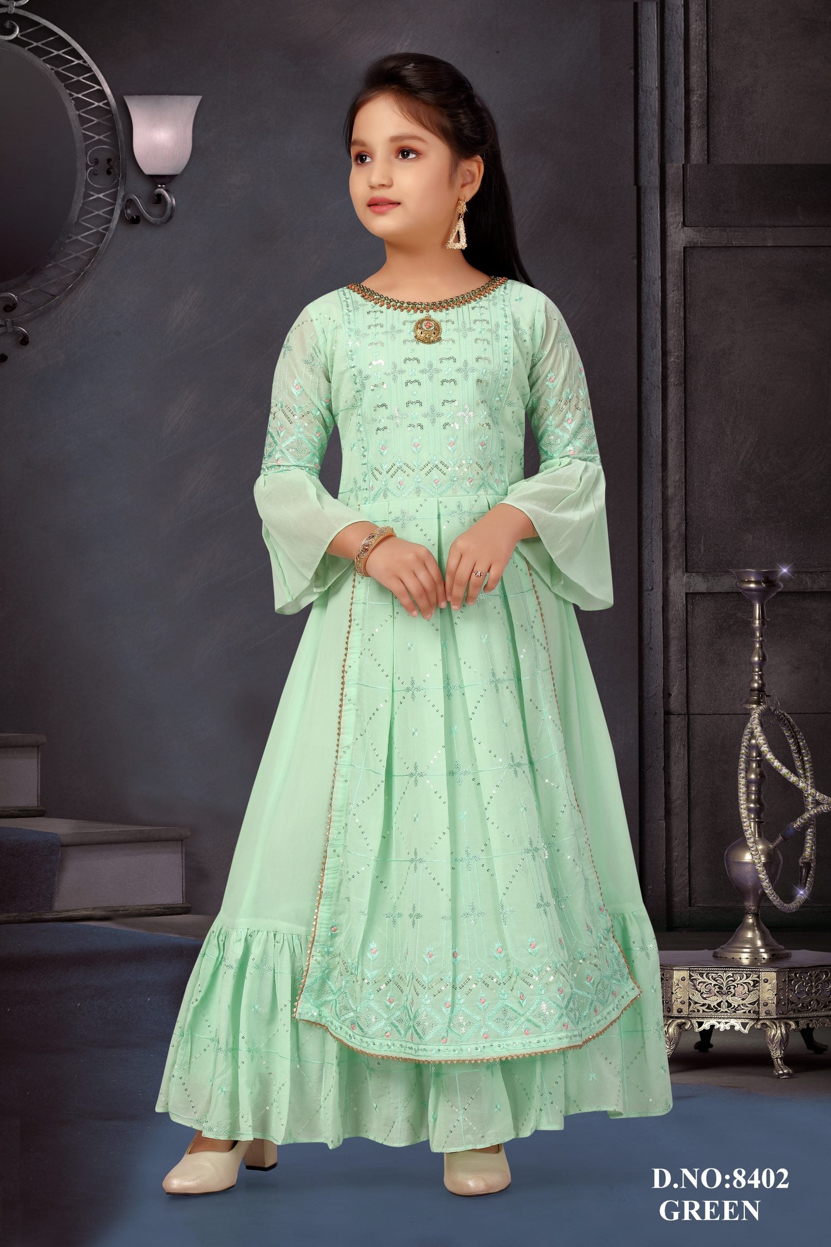 Elegant Mint Green Embroidered Anarkali Set for Girls - Inayah Fashion