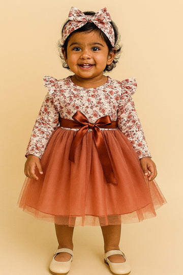 Rust Floral Tulle Party Dress for Baby Girls – Long Sleeve Frock with Ruffle Shoulders, Satin Bow Dress