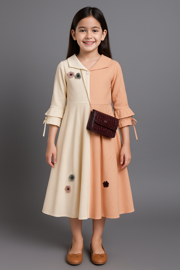 Elegant Cream & Peach Panelled Dress for Girls with Maroon Handbag & Chain