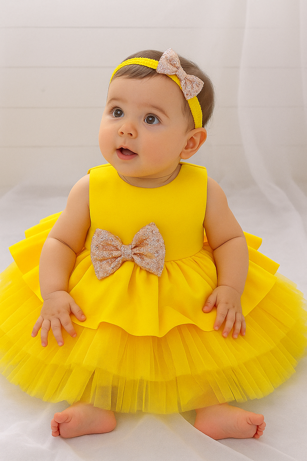Bright Yellow Baby Girl Birthday Frock with Ruffle Layers and Sequin Bow - Inayah Fashion