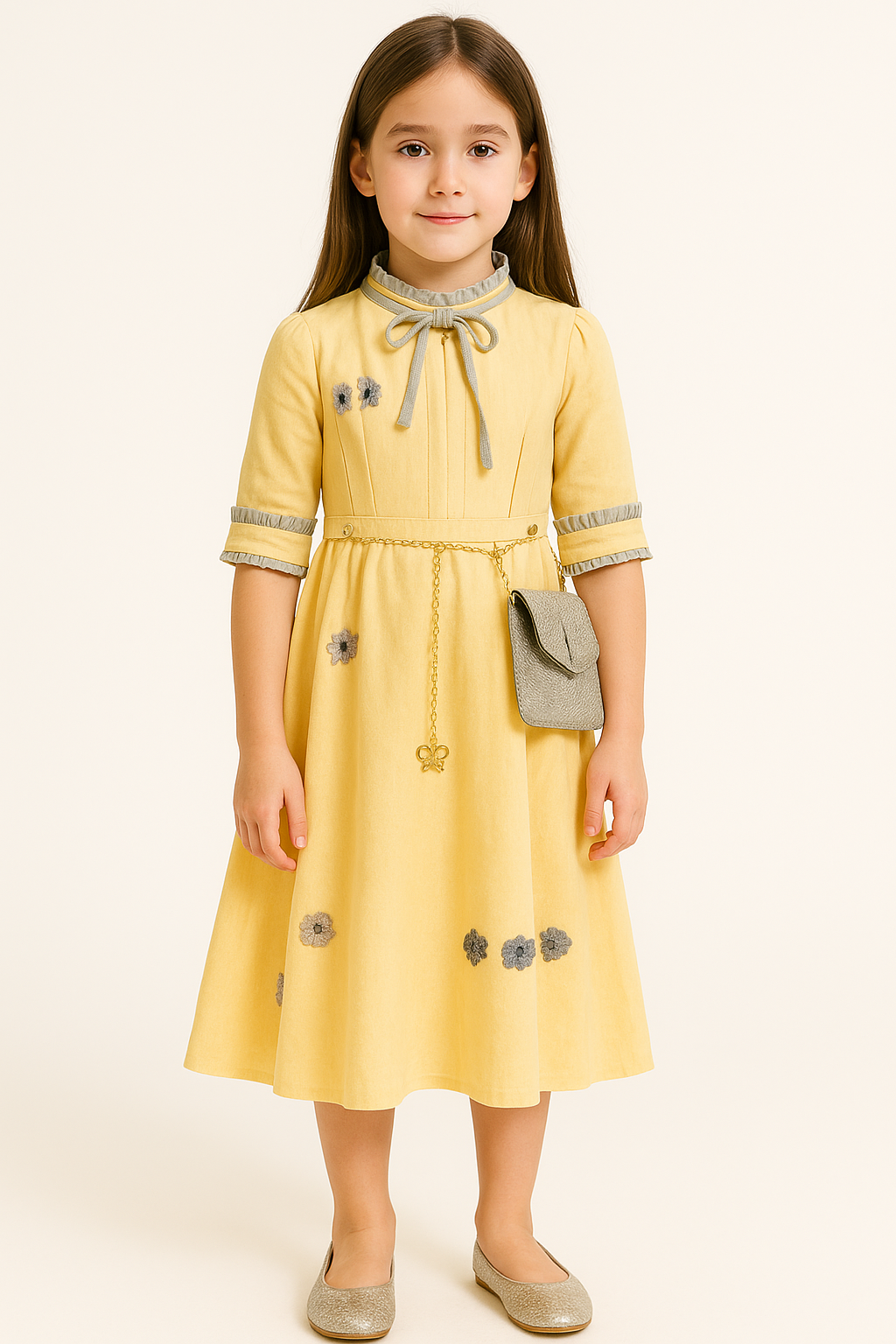 Charming Yellow Midi Dress for Girls with Grey Frill Collar & Handbag - Inayah Fashion