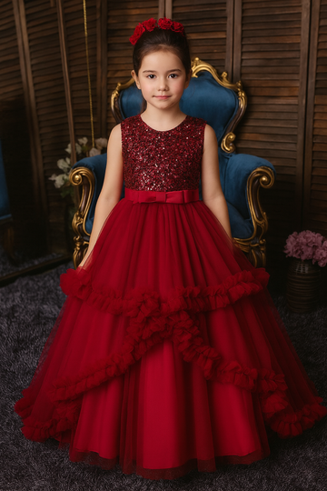 Red Sequin Party Gown for Girls with Layered Ruffle Tulle and Bow Waist