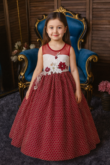 Elegant Burgundy Floral Lace Party Gown for Girls