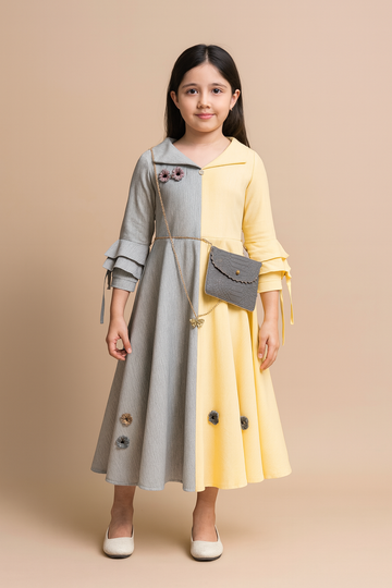 Chic Brown & Mustard Panelled Girls Dress with Grey Handbag