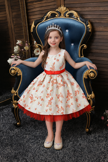 Girls White Floral Party Dress – Sleeveless Embroidered Frock with Red Belt & Tulle Hem