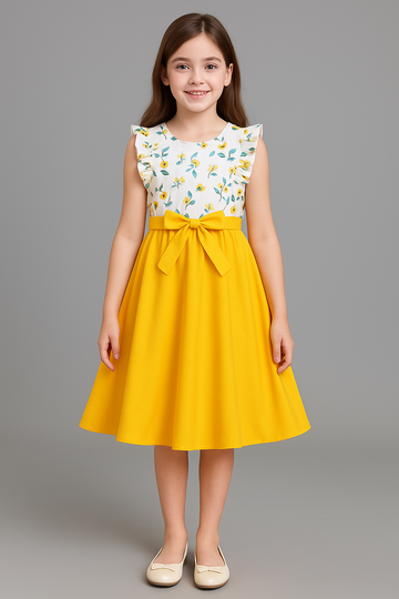 Bright Yellow & White Floral A-Line Dress for Girls – Sleeveless Ruffled Shoulder Summer Frock