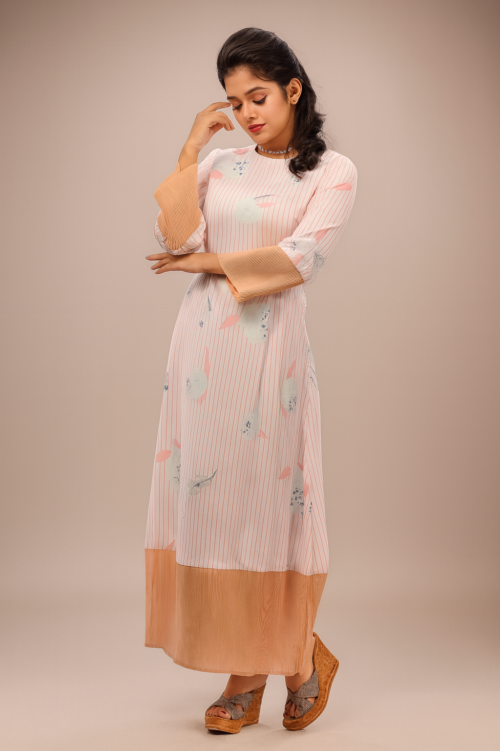 Elegant Peach Bloom Full-Length A-Line Dress with Blush Stripes, Abstract Floral Print & Contrast Hem for Casual and Festive Wear - Inayah Fashion