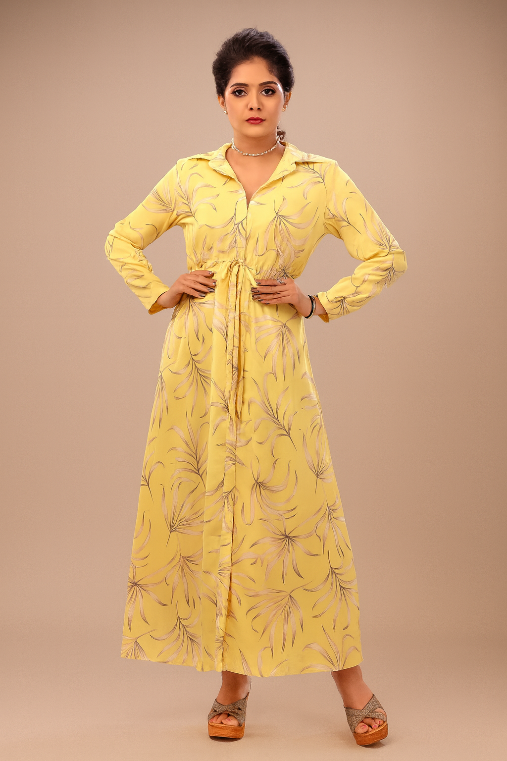 Sunlit Yellow Shirt-Style Maxi Dress with Subtle Leaf Print | Front Button Panel | Adjustable Waist Tie - Inayah Fashion