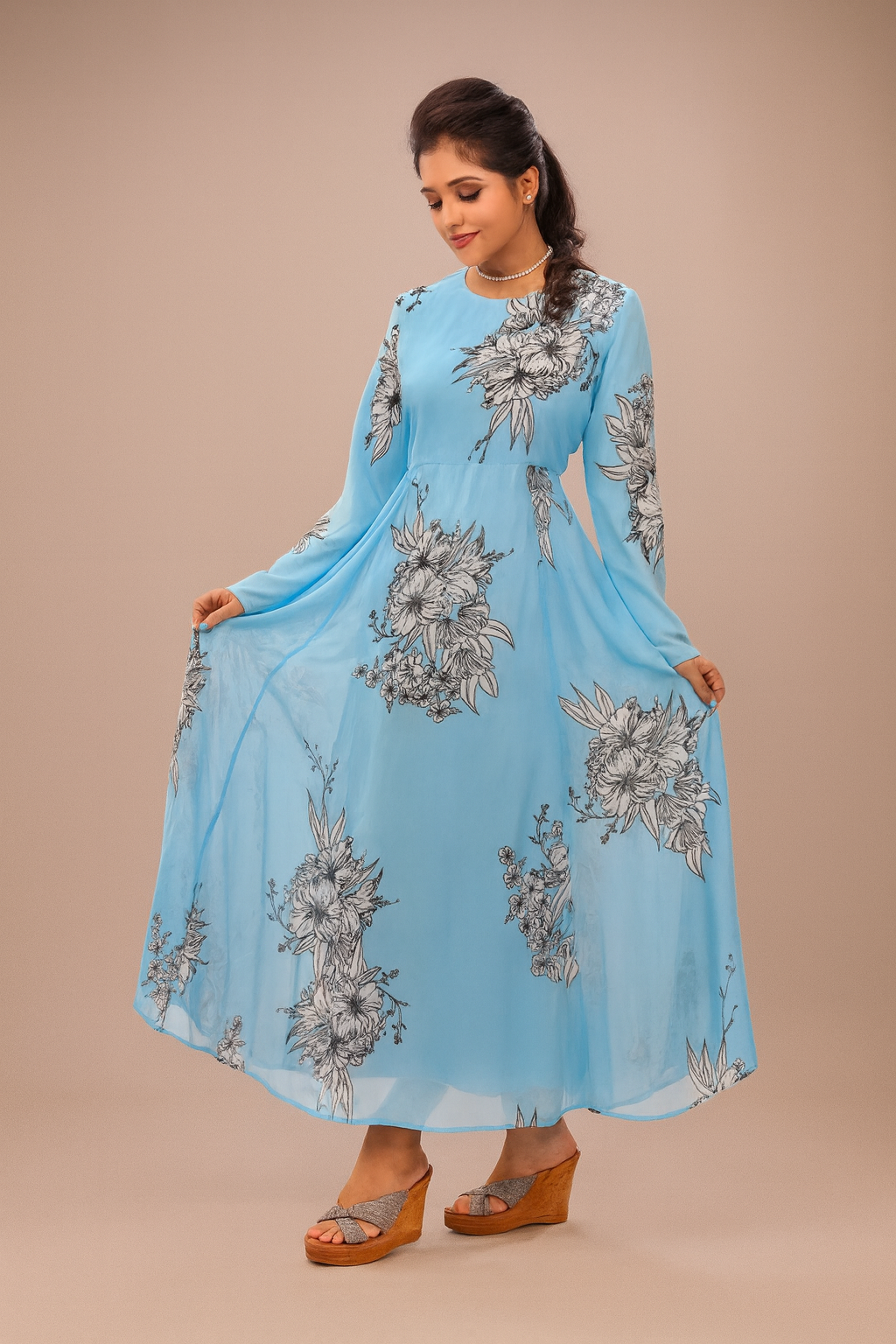 Imported Sky Blue Full-Length A-Line Gown with Artistic Black & White Floral Print and Full Sleeves - Inayah Fashion
