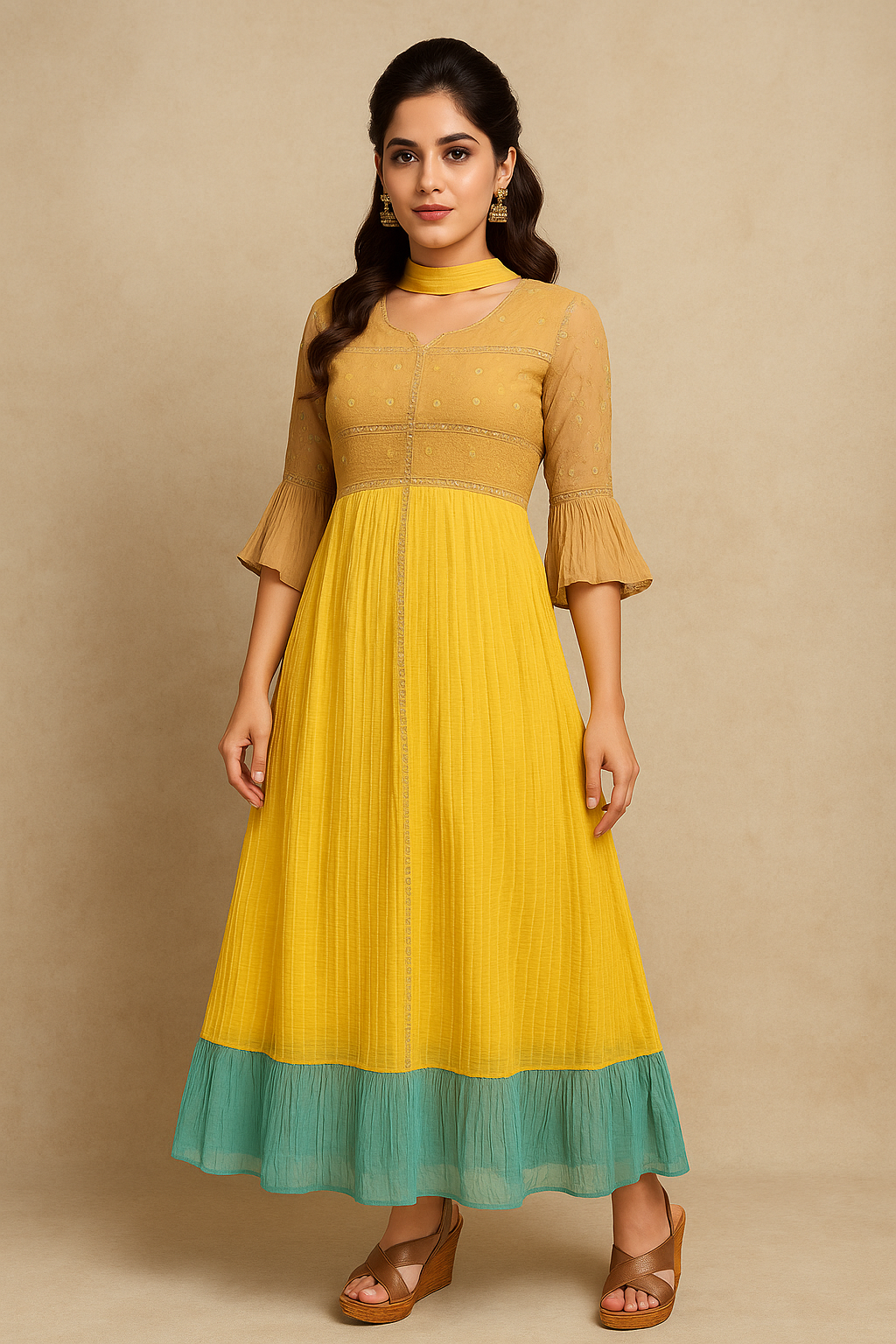 Yellow & Beige Embroidered Anarkali Kurta Set with Green Frill Hem | Crinkled Georgette Fabric | Party & Festive Wear for Women - Inayah Fashion
