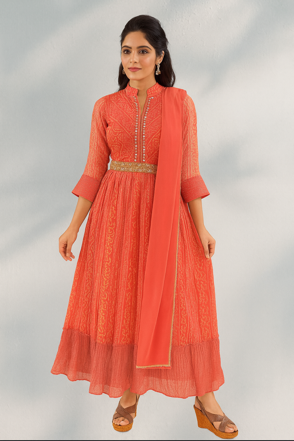 Traditional Orange Anarkali Kurta Set with Dupatta | Embroidered & Mirror Work with Waist Belt - Inayah Fashion