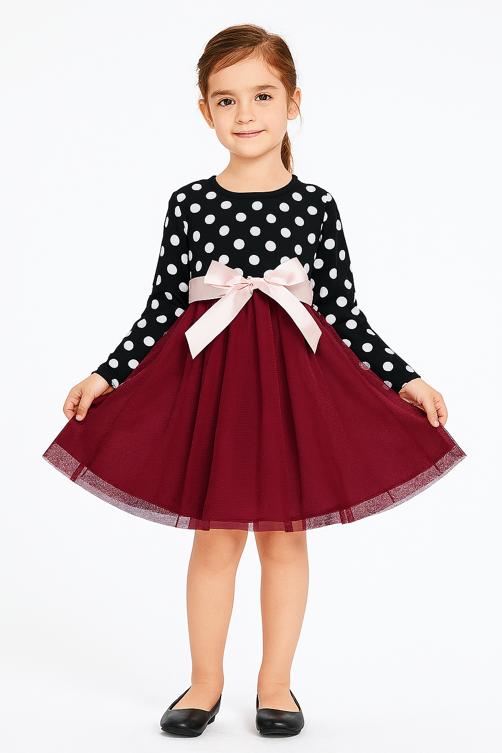 Maroon Net Frock with Black Polka Dot Top for Girls – Full Sleeve Party Dress with Bow - Inayah Fashion