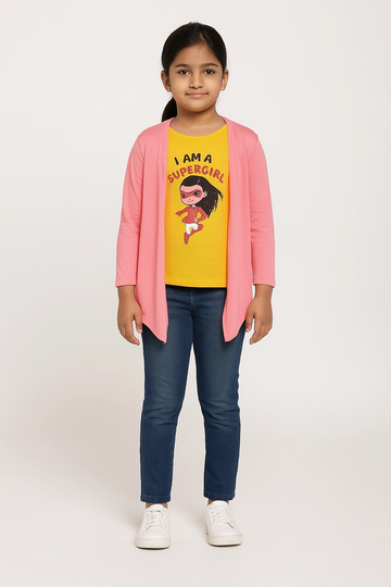 Supergirl Cartoon Print Yellow Top with Stylish Pink Shrug Girls' Outfit