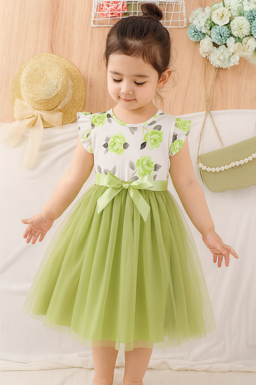 Green Floral Frock for Girls – Sleeveless Party Dress with Bow & Tulle Skirt