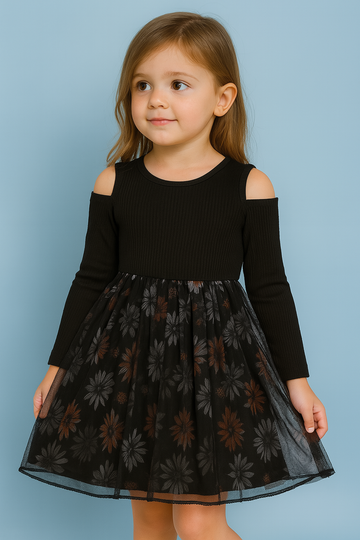 Stylish Black Cold-Shoulder Dress for Girls – Ribbed Bodice with Long Sleeves and Floral Net Skirt – Trendy Partywear