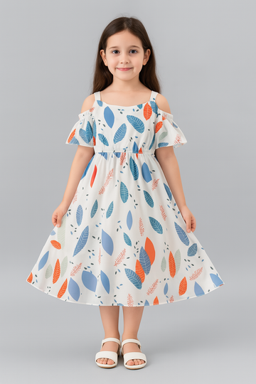 Tropical Leaf Print Cold Shoulder Summer Dress for Girls – Lightweight Sleeveless Casual Frock