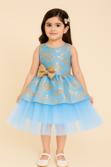 Royal Bloom Blue & Gold Layered Party Frock for Baby Girls