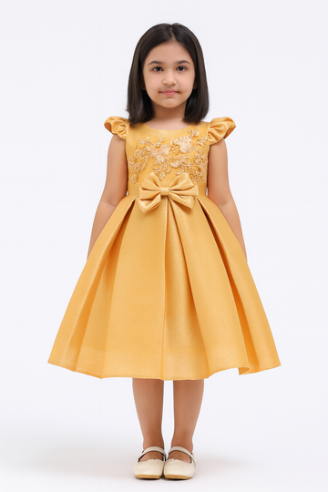 Golden Embroidered Party Frock with Bow for Girls