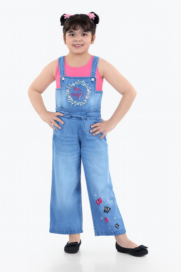 Girls' Denim Dungaree Jumpsuit with Butterfly Embroidery – Wide-Leg Sleeveless Overall