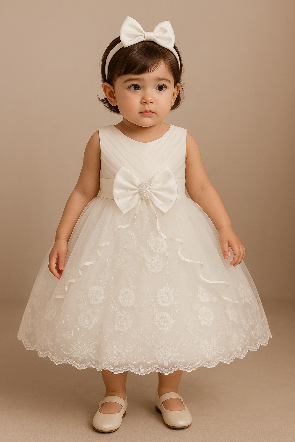 Graceful White Baby Girl Party Frock with Pearl Bow – Floral Embroidered Gown - Inayah Fashion