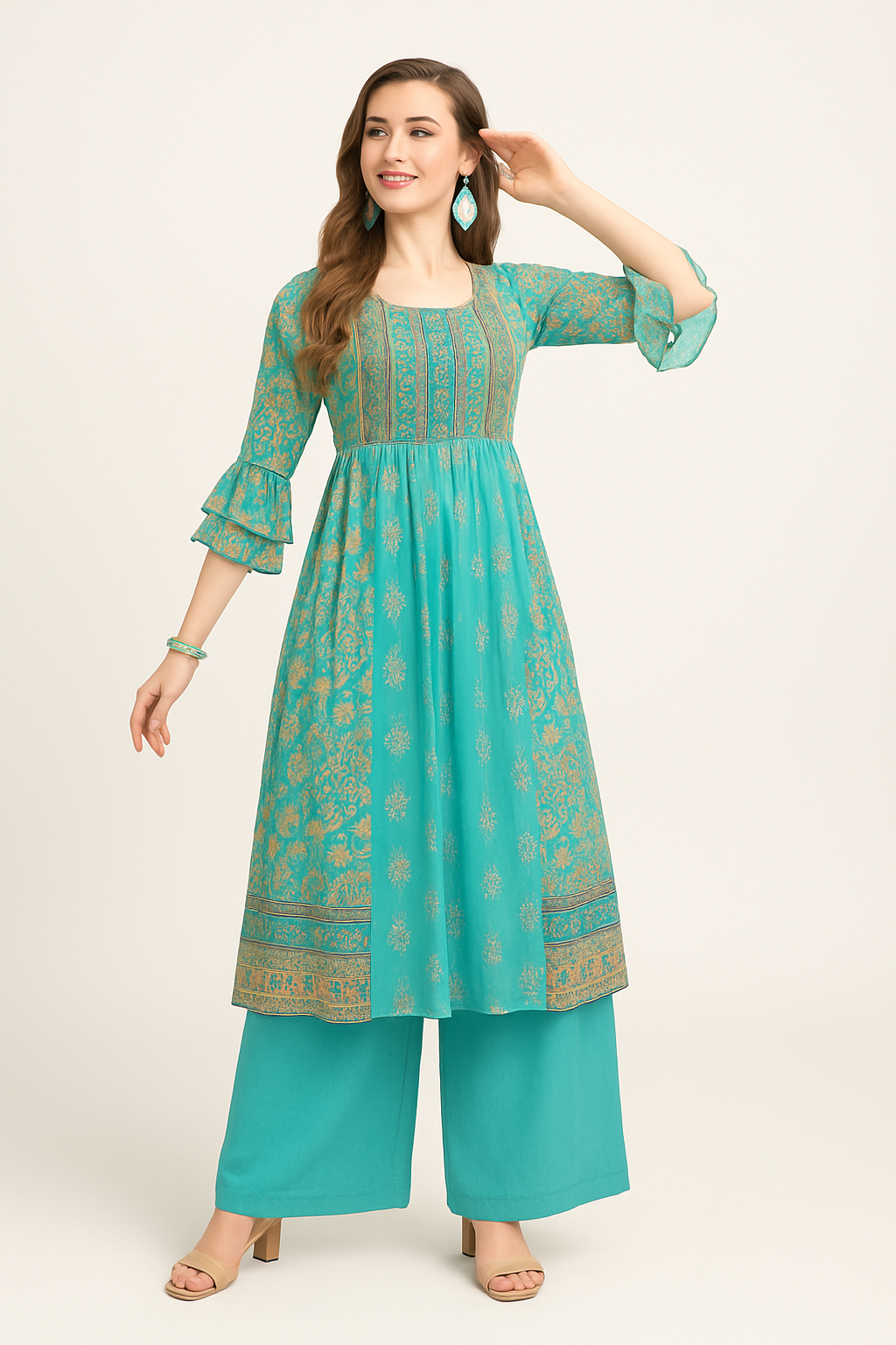 Elegant Aqua Blue Printed Anarkali Kurta Set with Palazzo | Flared Sleeves & Ethnic Floral Motifs - Inayah Fashion