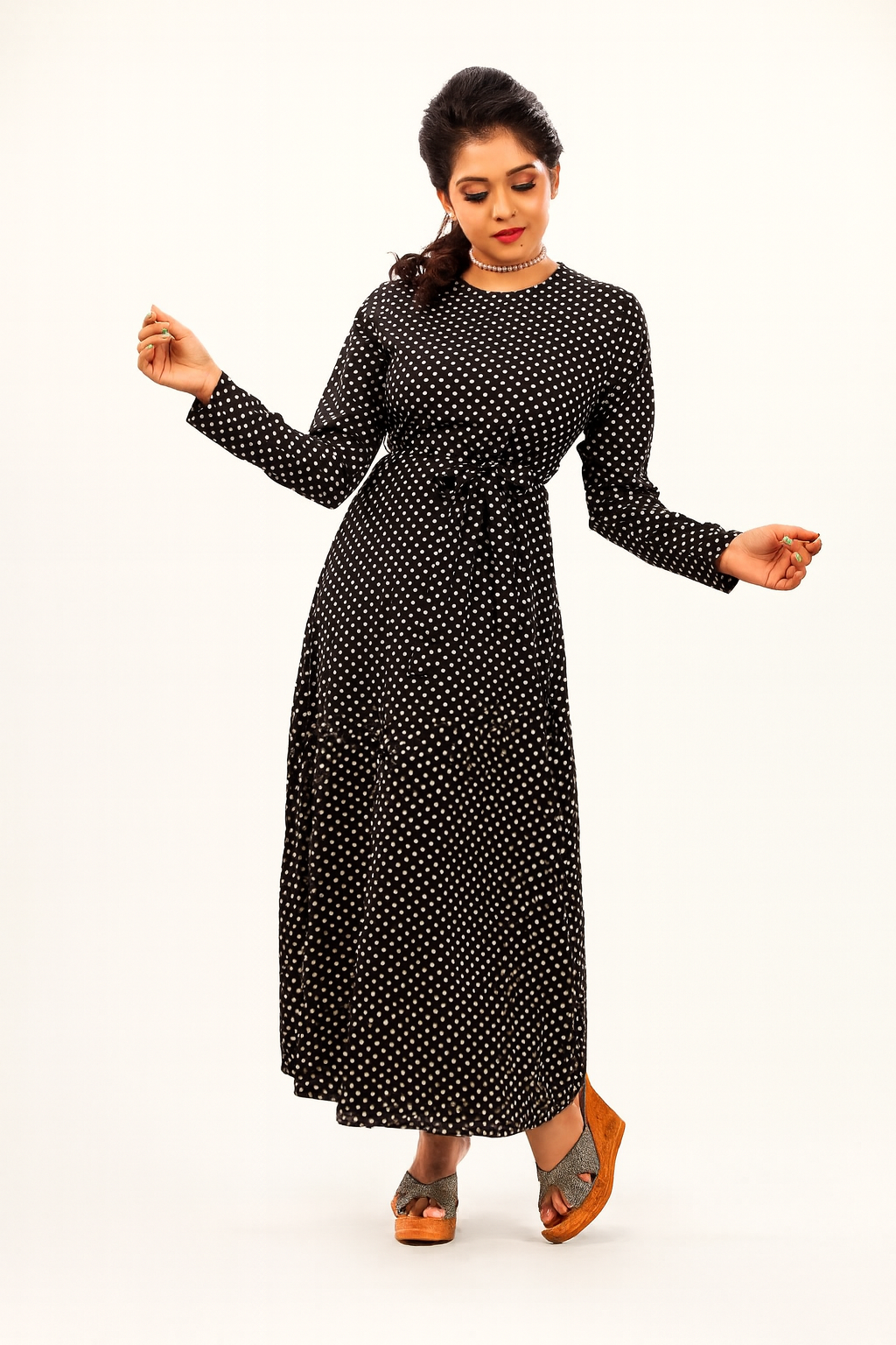 Classic Black Full-Length Maxi Dress with White Polka Dots | Long Sleeve Modest A-Line Fit | - Inayah Fashion