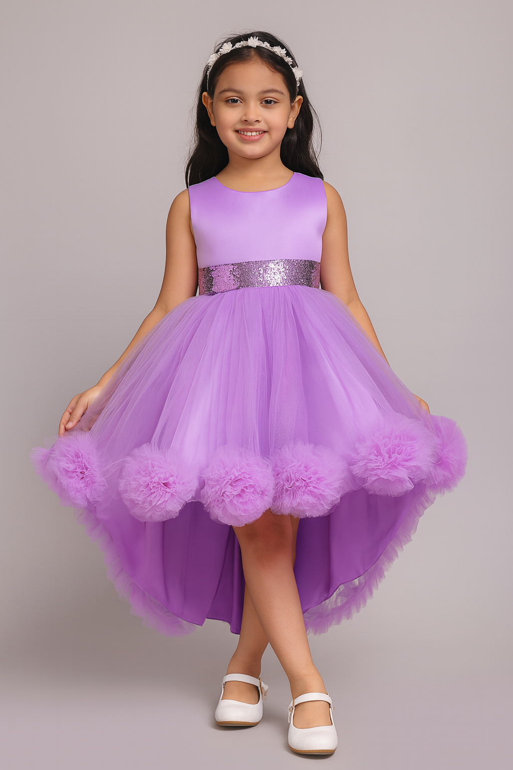 Lilac Puff Tulle Party Frock for Girls with Sequin Waist - Inayah Fashion