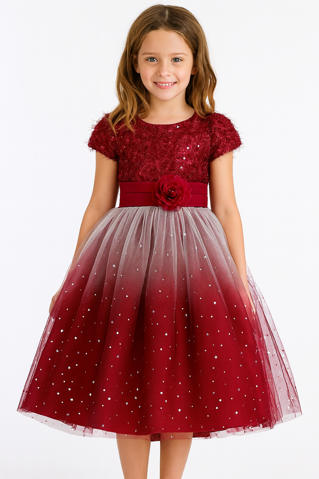 Stylish Maroon Ombre Party Dress for Girls with Shimmering Net Skirt Floral Waist - Inayah Fashion
