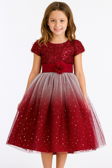 Stylish Maroon Ombre Party Dress for Girls with Shimmering Net Skirt Floral Waist - Inayah Fashion