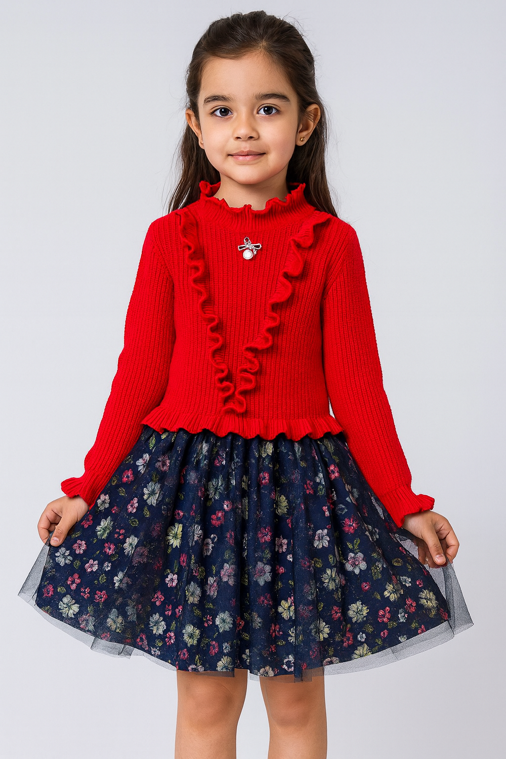 Girls Red Knitted Top with Navy Blue Floral Tulle Skirt Dress – Winter Party Outfit with Ruffled Design & Full Sleeves - Inayah Fashion